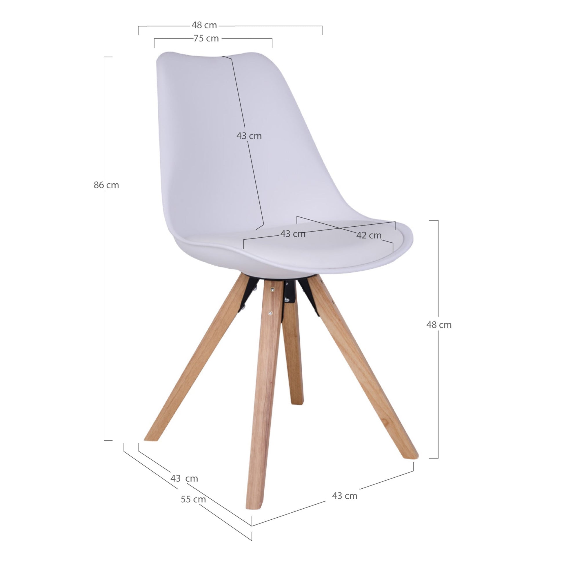 Witte moderne stoel met houten poten, afmetingen op de rugleuning en zitting: 86 cm hoog, 75 cm breed.