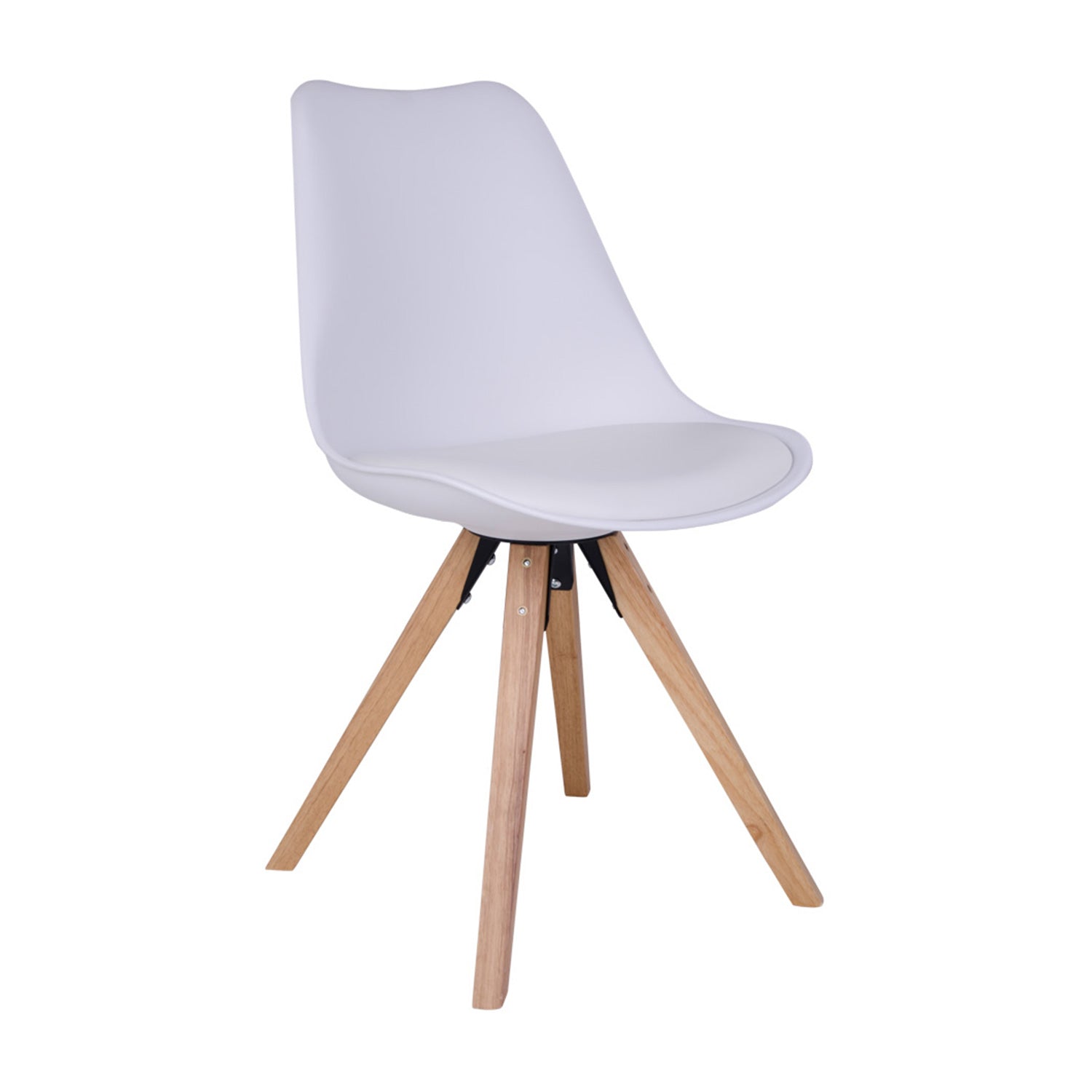 Stijlvolle witte kuipstoel met houten poten, strak en modern ontwerp voor eigentijdse interieurs.