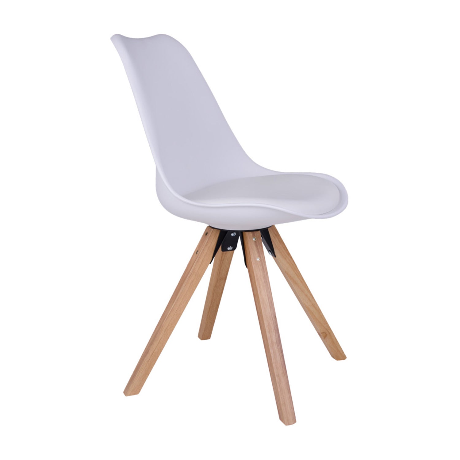 Witte moderne stoel met houten poten, minimalistisch design, perfect voor eigentijdse interieurs.