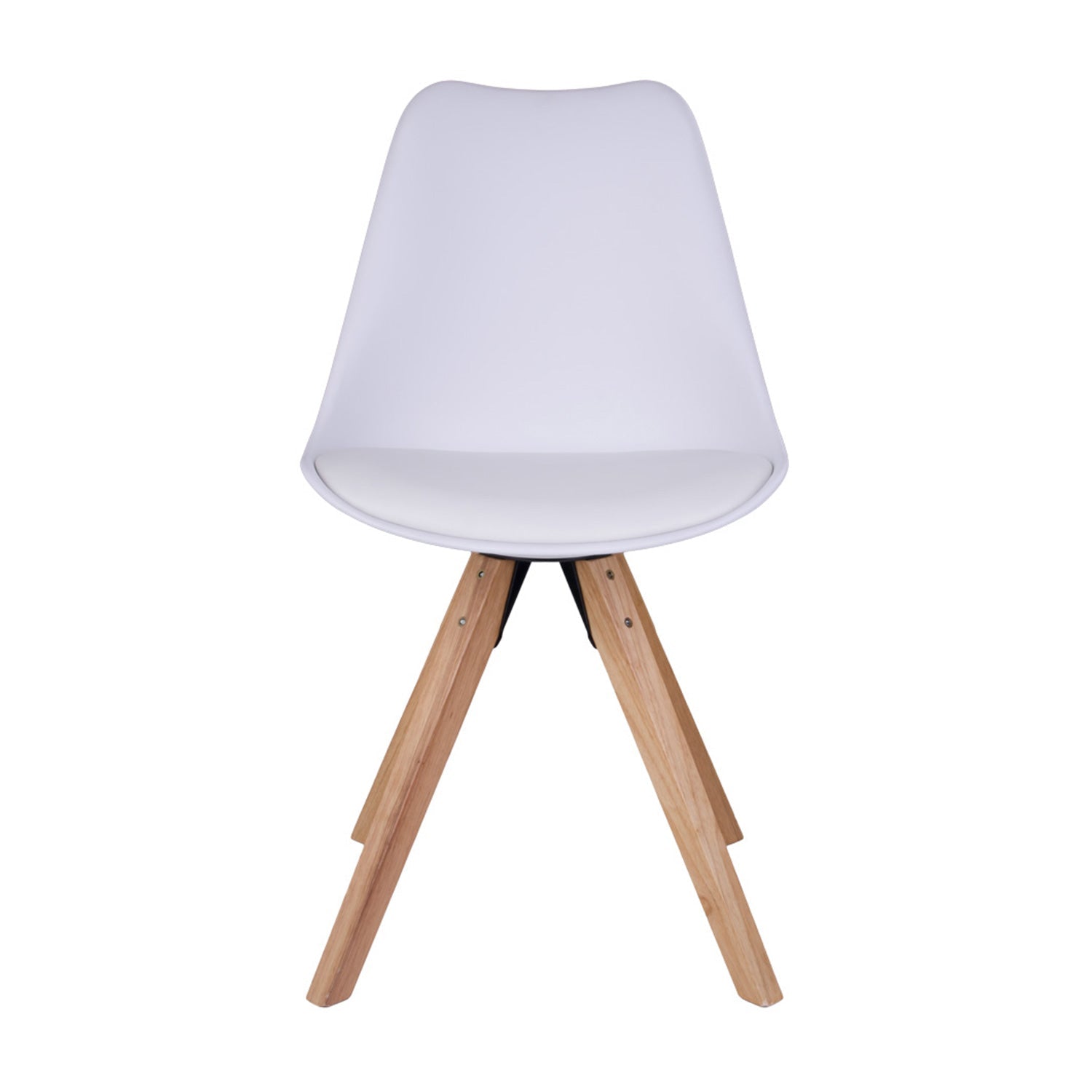 Witte kunststof stoel met elegante houten poten, minimalistisch ontwerp, perfect voor moderne interieurs.