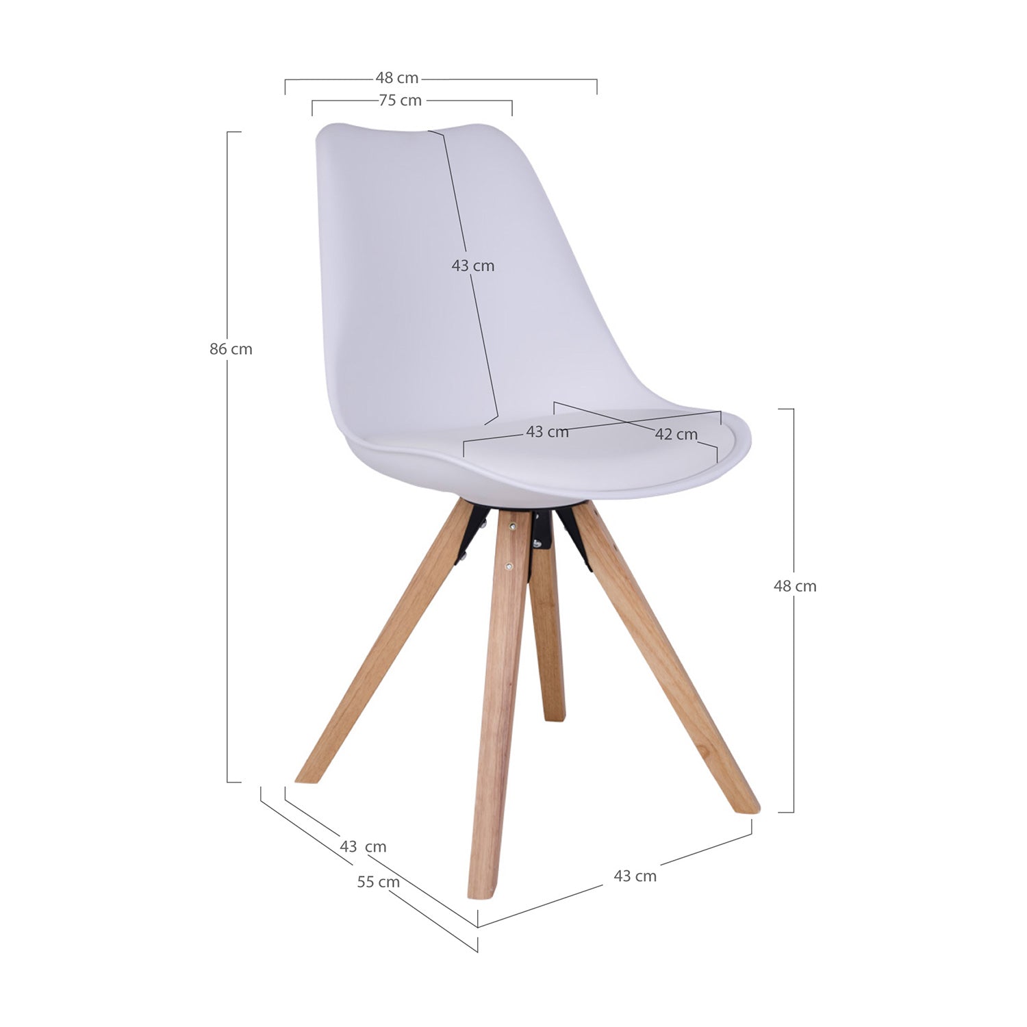 Witte designstoel met houten poten en specifieke afmetingen: hoogte 86 cm, breedte zitting 43 cm, diepte 42 cm.