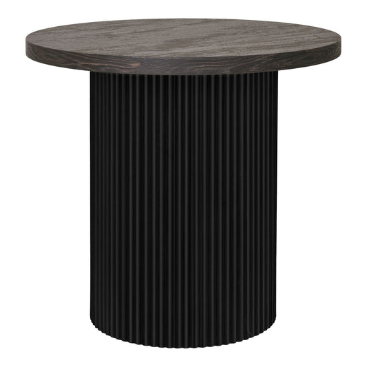 House Nordic Boavista bijzettafel – ronde donkerbruine MDF tafel met geribbelde zwartbruine kolompoot, houtnerf Ø48 cm.