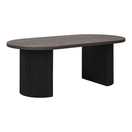 Schuin aanzicht van Boavista salontafel met rechthoekig donkerbruin MDF blad en zwart geribbelde MDF poten