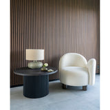 House Nordic Boavista salontafel met donkerbruin houtlook blad, golvende glazen tafellamp en klein keramisch bloempotje