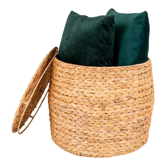 Open opbergruimte van House Nordic Delia bijzettafel waterhyacint naturel, gevuld met donkergroene fluwelen kussens