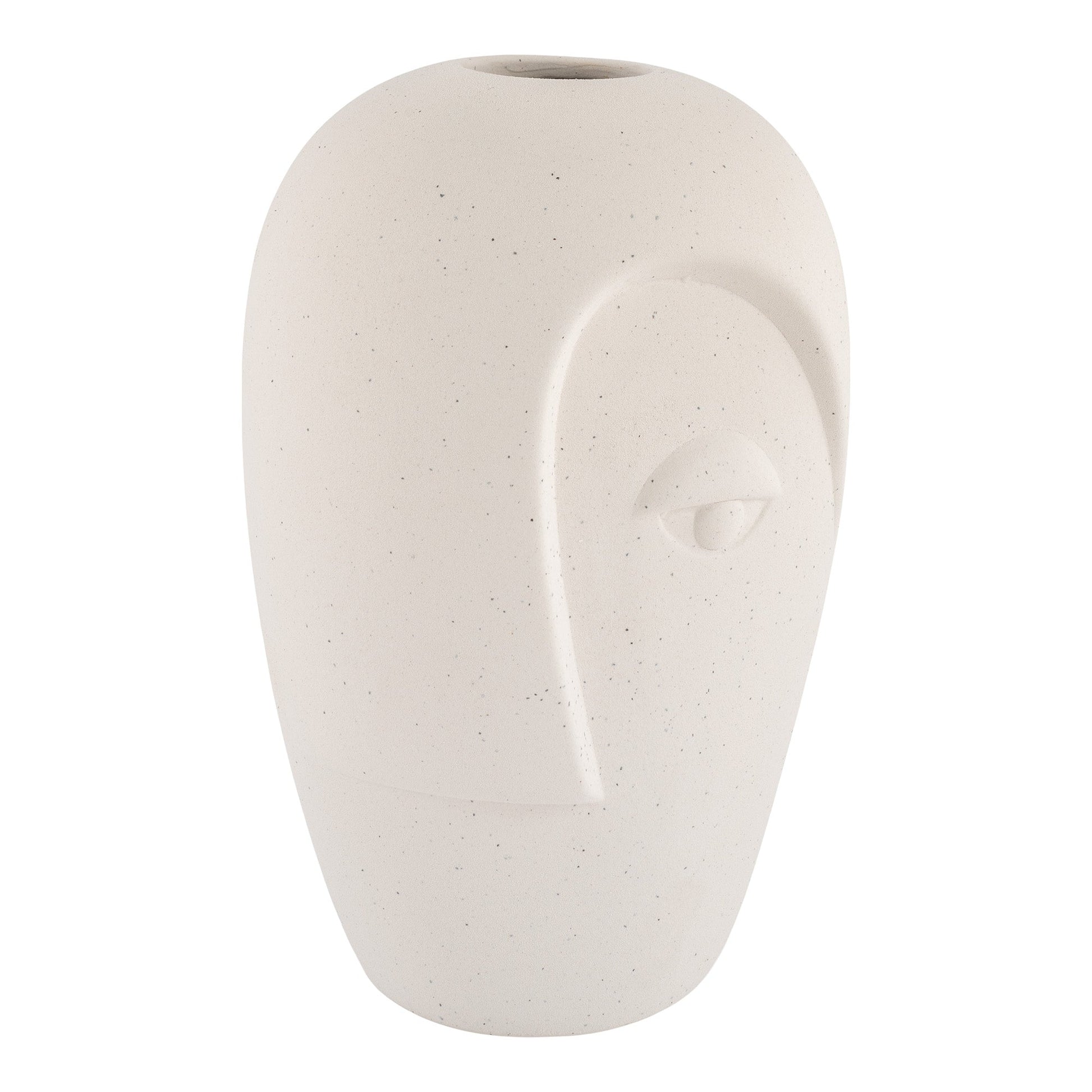 Minimalistische beige vaas met abstract gezicht, gladde afwerking en elegante rondingen, rustieke charme.