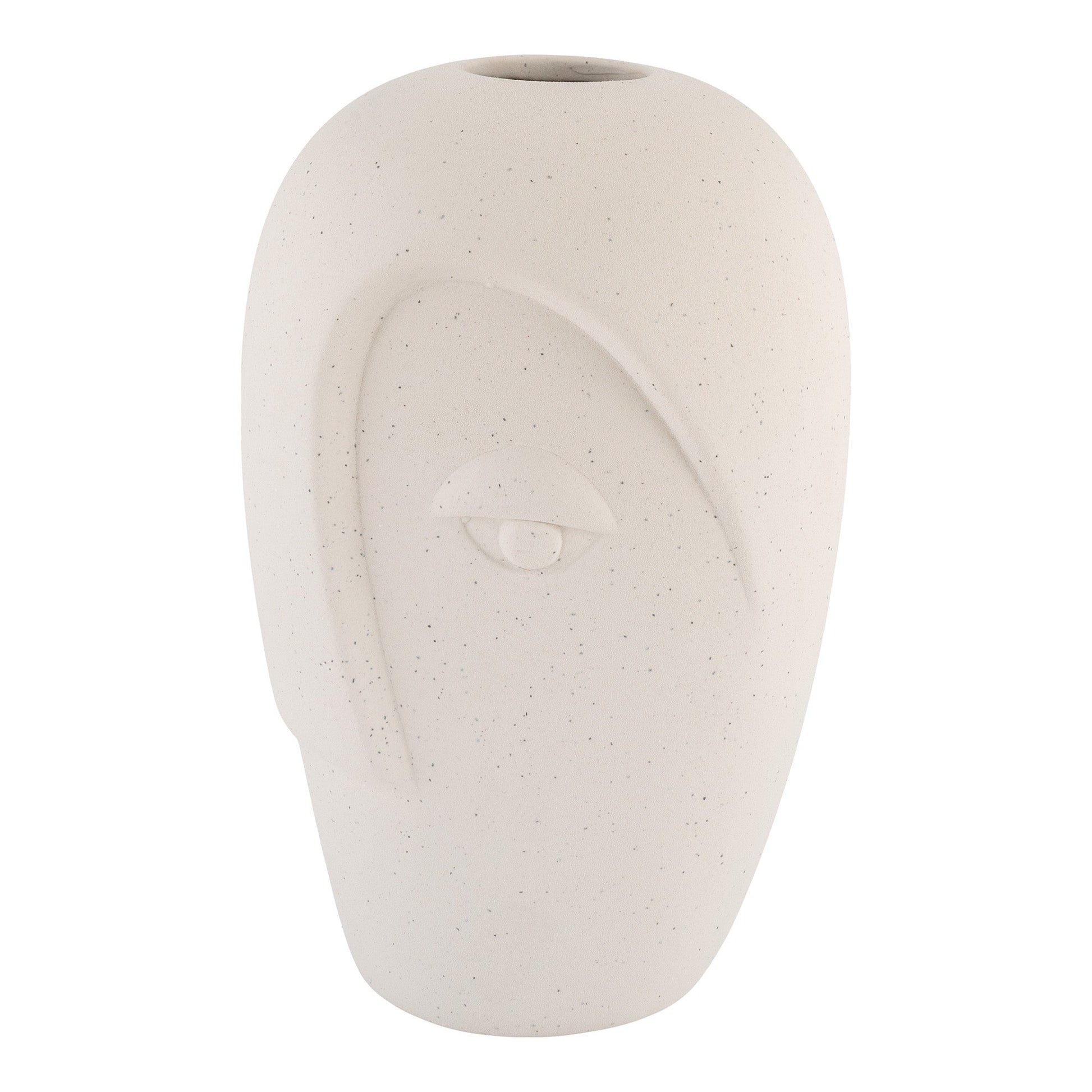 Crèmekleurige keramische vaas met speels gezichtenmotief en een glad, mat oppervlak, geschikt voor moderne decor.