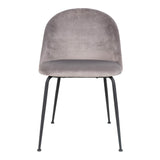 Grijze stoel met fluwelen bekleding en zwarte metalen poten, modern ontwerp, minimalistisch en stijlvol.