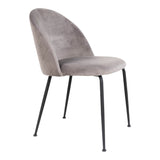 Grijze fluwelen stoel met gebogen rugleuning en slanke, zwarte metalen poten op een witte achtergrond.