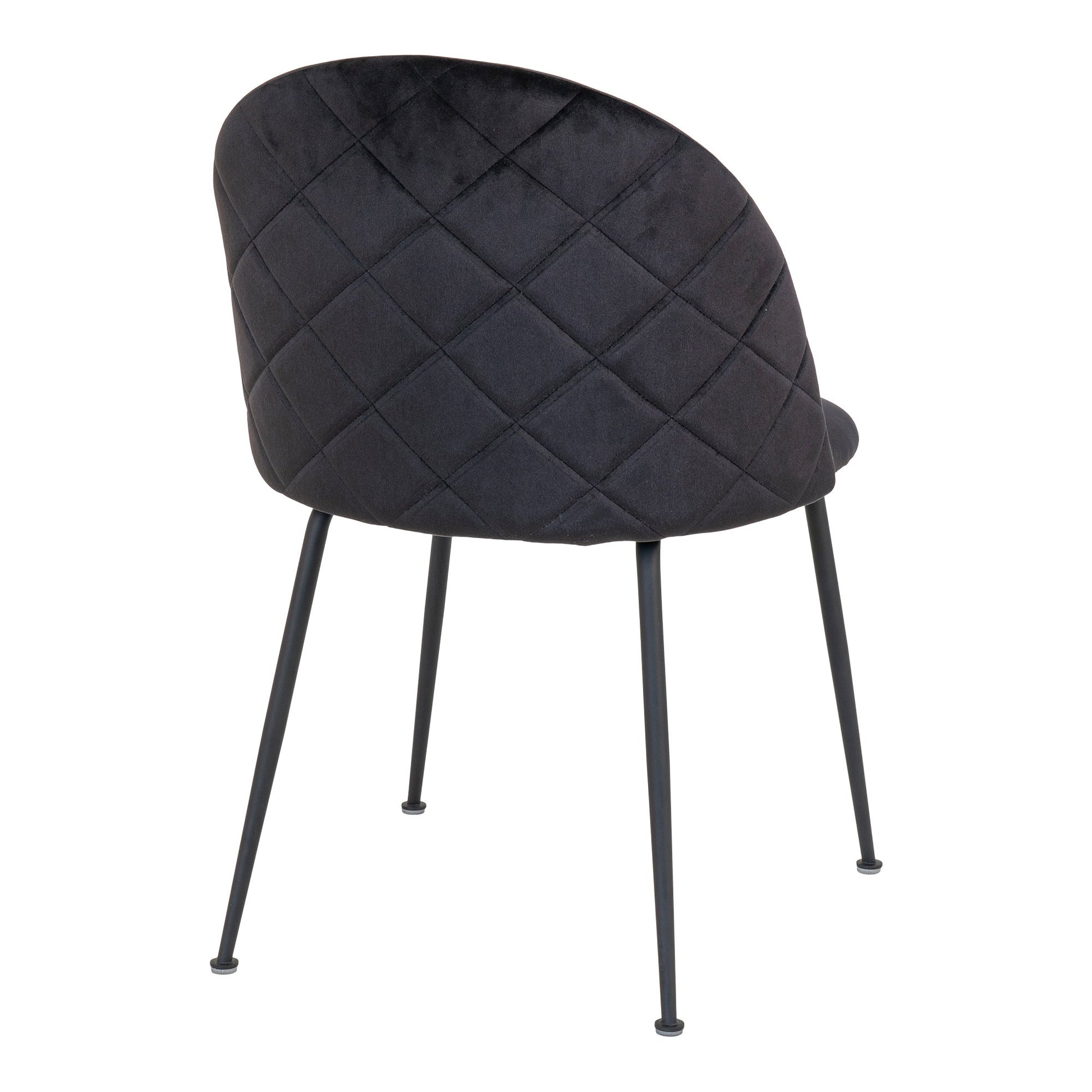 Donkergrijze gestoffeerde stoel met ruitpatroon en zwarte metalen poten, moderne en elegante uitstraling.