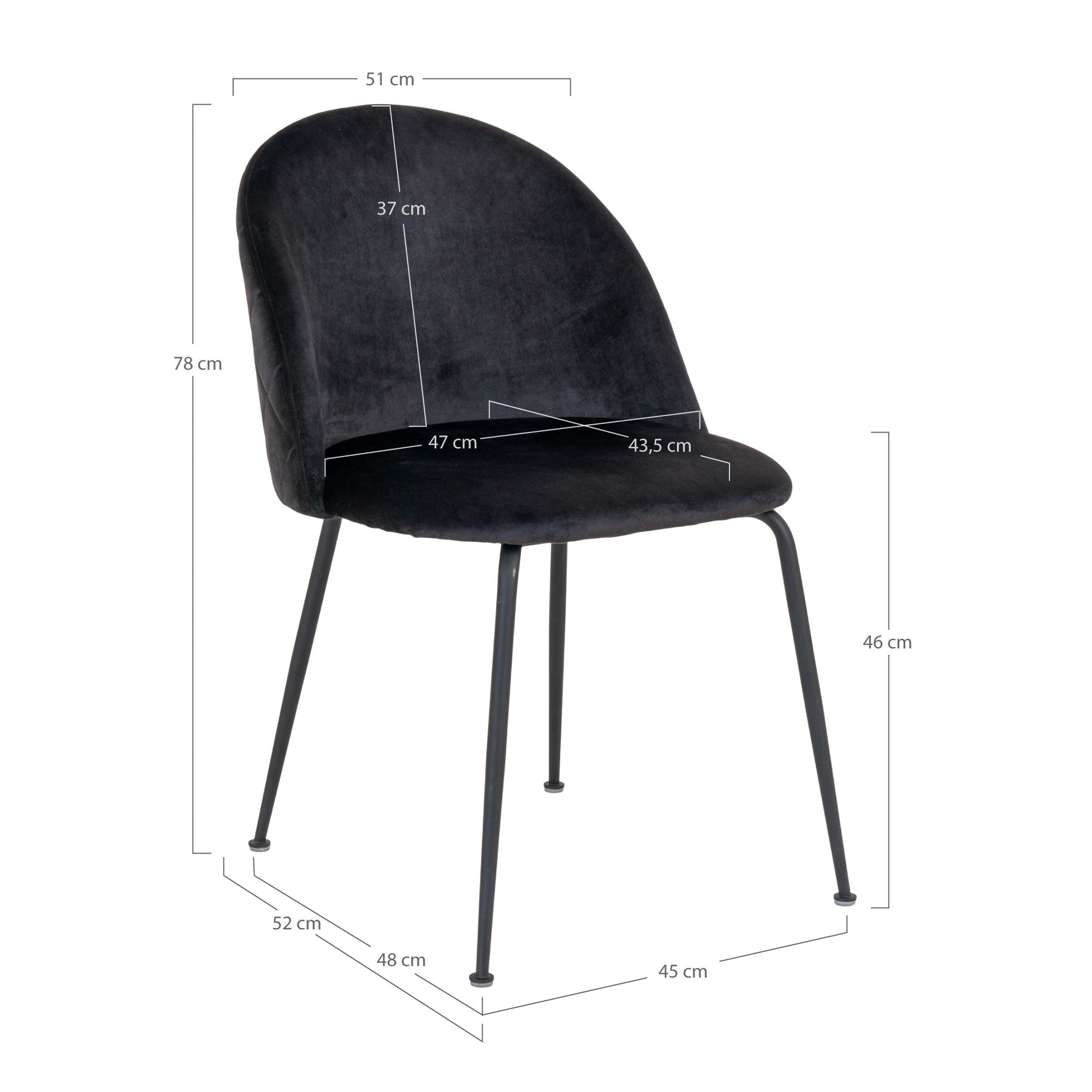 Zwarte stoel met afgeronde rugleuning, metalen poten; afmetingen: 78x51x52x46 cm, zitting 47 cm diep.