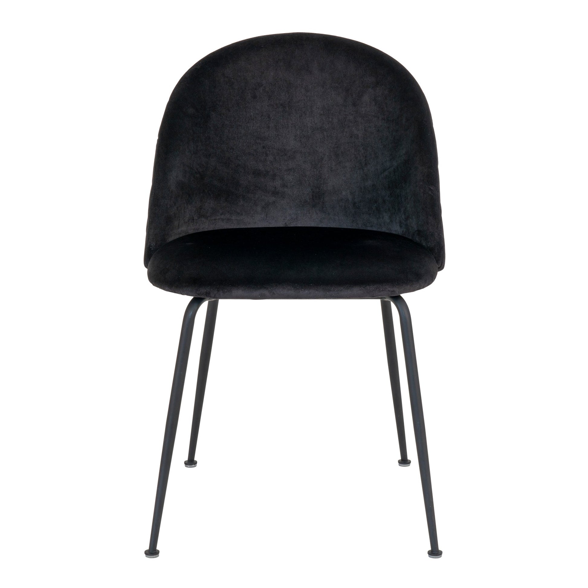 Zwarte fluwelen stoel met afgeronde rugleuning en slanke metalen poten, stijlvolle en moderne uitstraling.