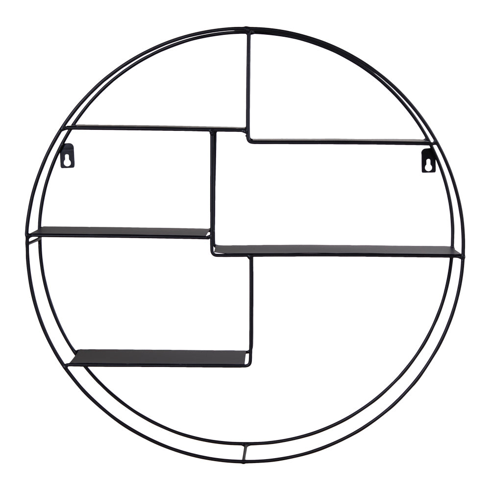 Zwarte ronde metalen wandplank met vier secties, modern en minimalistisch ontwerp voor muurdecoratie.