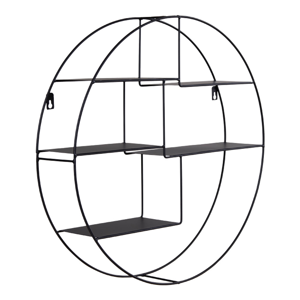 Ronde zwarte metalen wandplank met strakke lijnen en drie etages voor moderne decoratie en opslag.