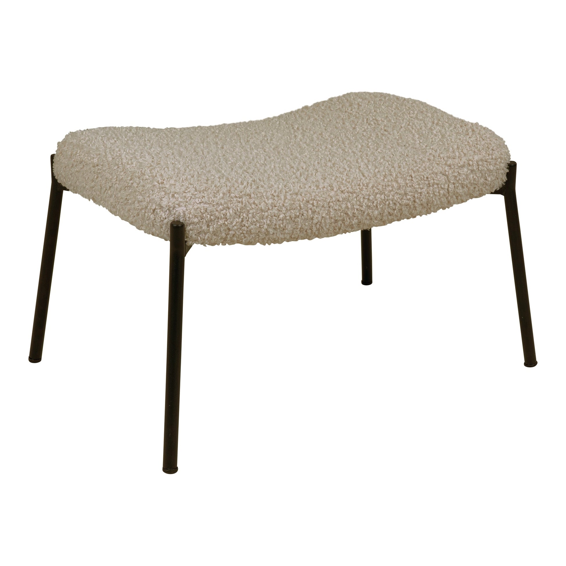 Beige kruk met bouclé bekleding en metalen poten, stijlvol en minimalistisch design.