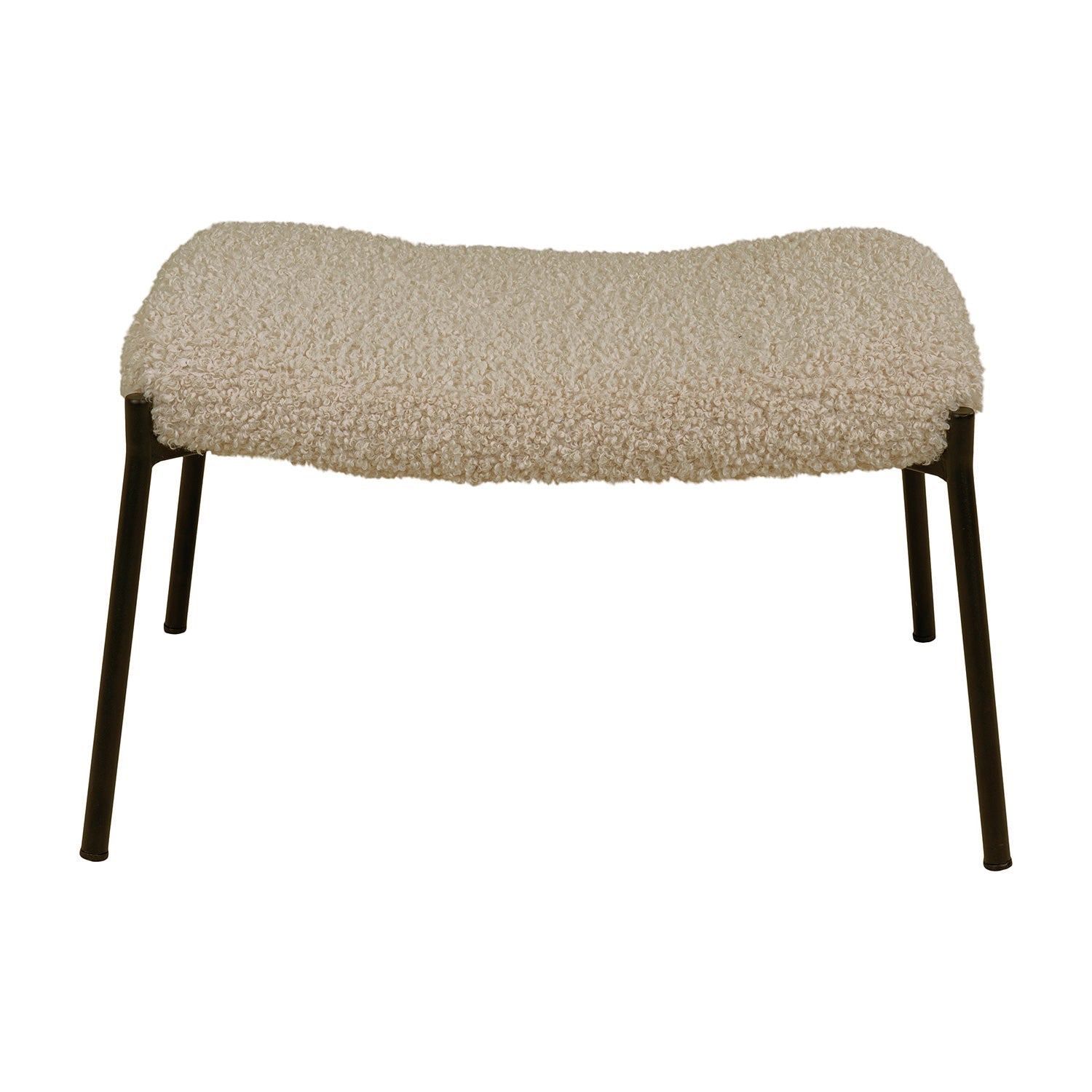 Beige poef met zachte bouclé bekleding en zwarte metalen poten, eigentijds en stijlvol ontworpen.