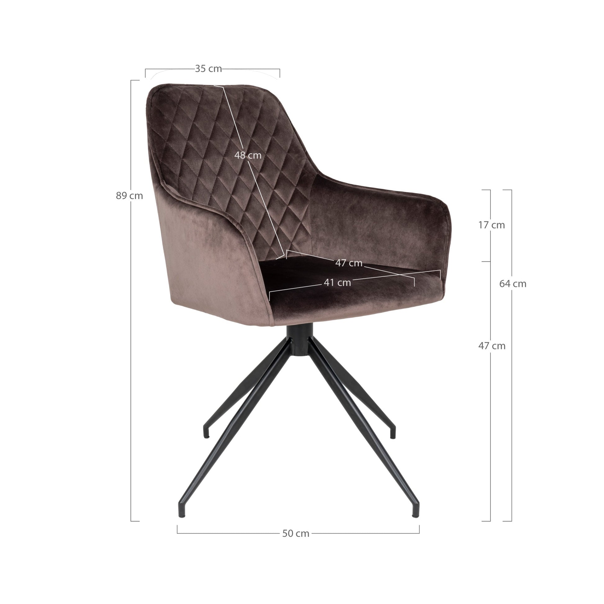 Bruine fluwelen stoel met ruitpatroon en metalen poten, afmetingen: 89x50x47x41x48x35 cm.