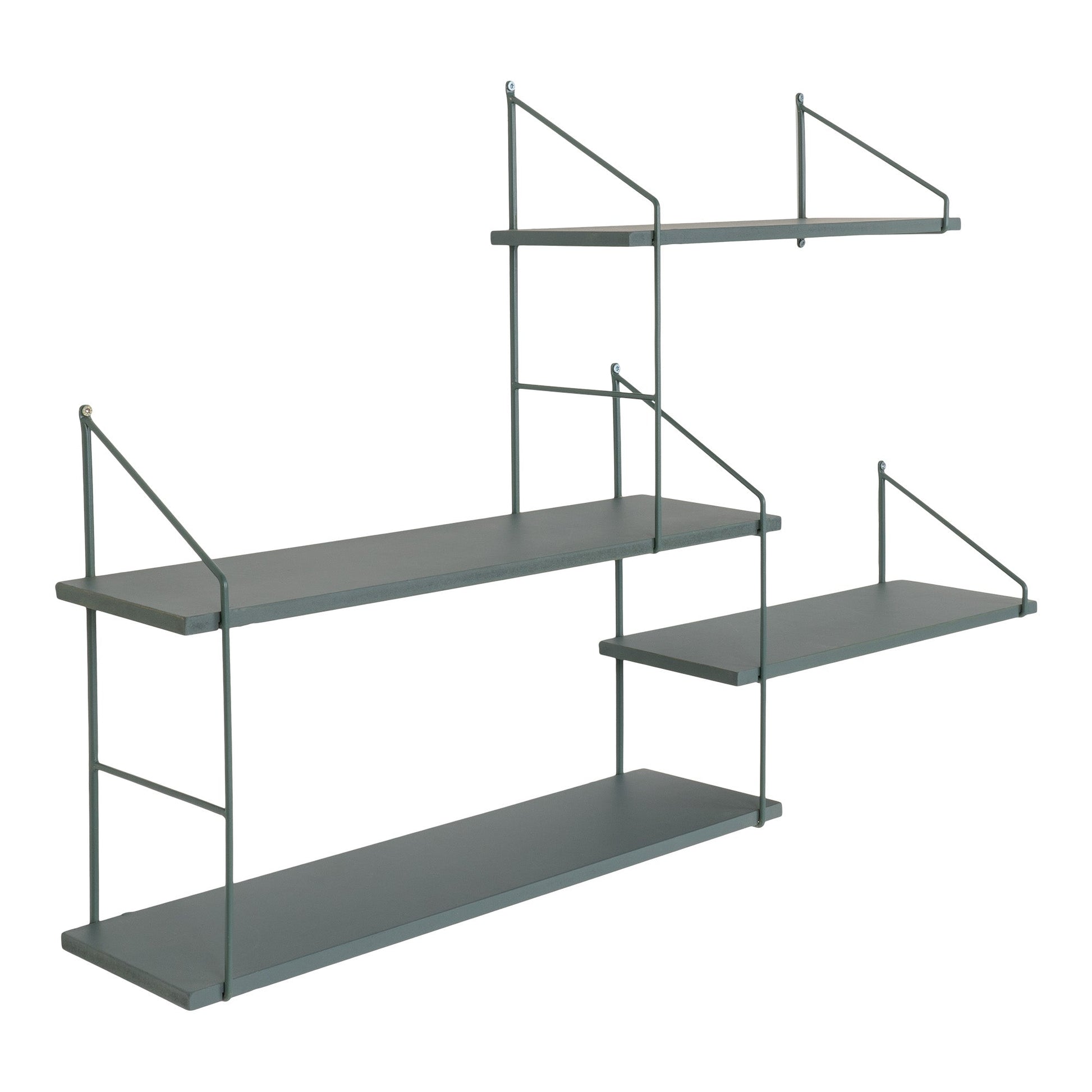 Donkergroen metalen wandplank met drie zwevende schappen in een asymmetrisch ontwerp.