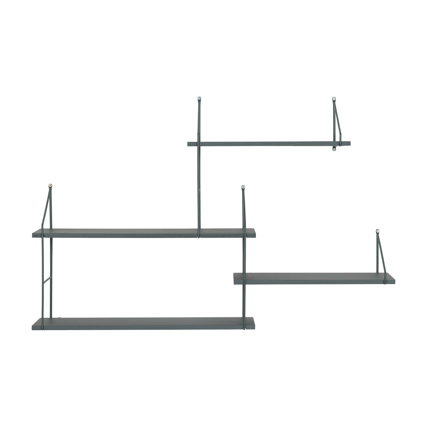 Minimalistische zwarte metalen wandplanken op witte achtergrond, geometrisch gerangschikt.