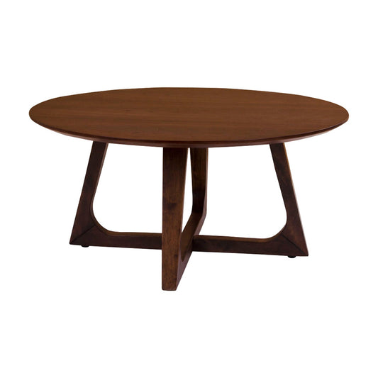 Ronde houten salontafel met een rijke bruine afwerking en uniek geometrisch onderstel.