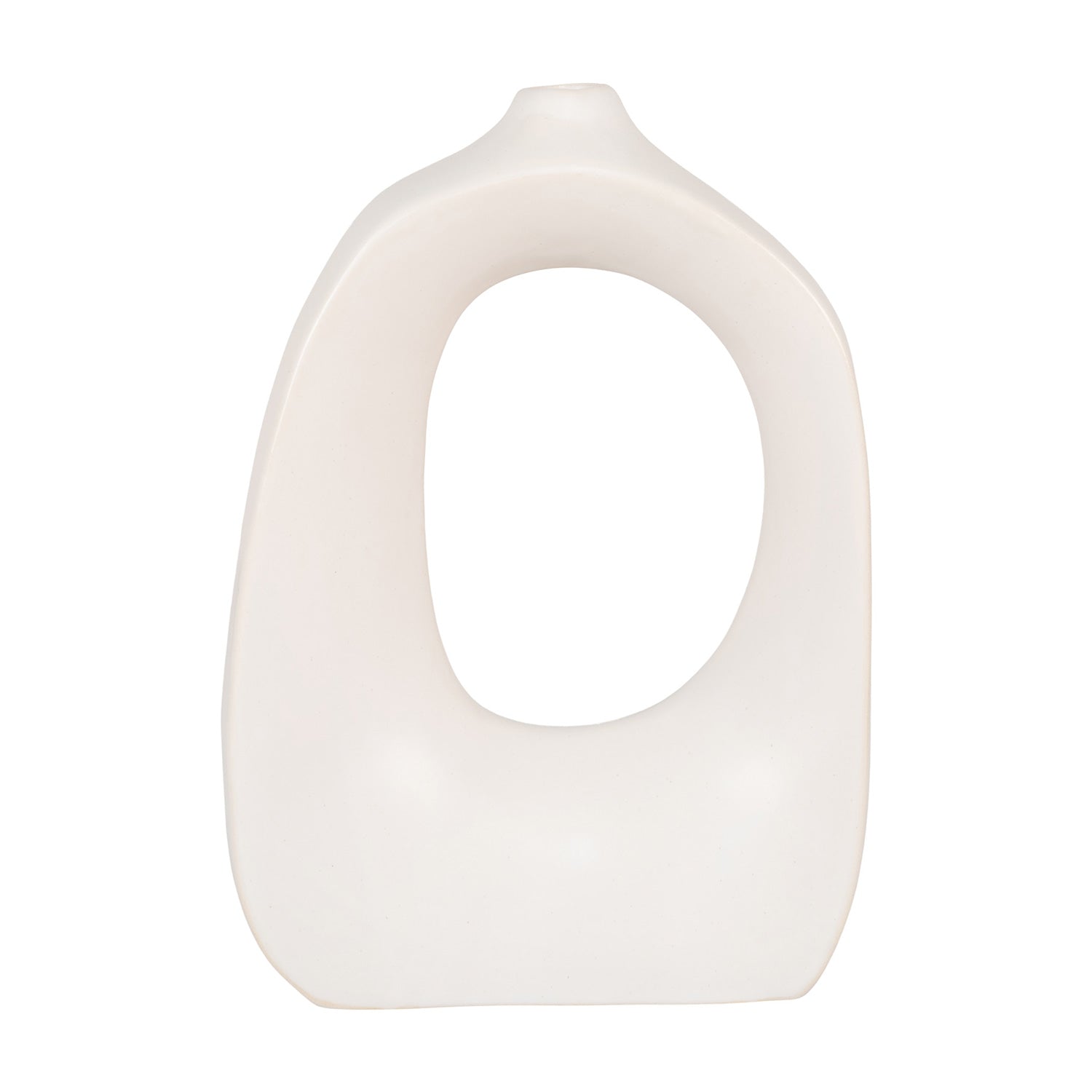 Witte keramische vaas met abstract, modern ontwerp en ovale opening, minimalistische uitstraling.