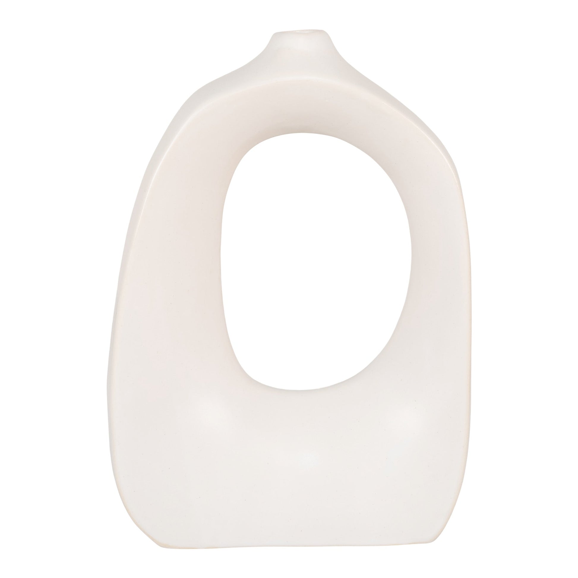 Minimalistisch witte keramische vaas met een organische, gebogen vorm en een klein opening aan de top.