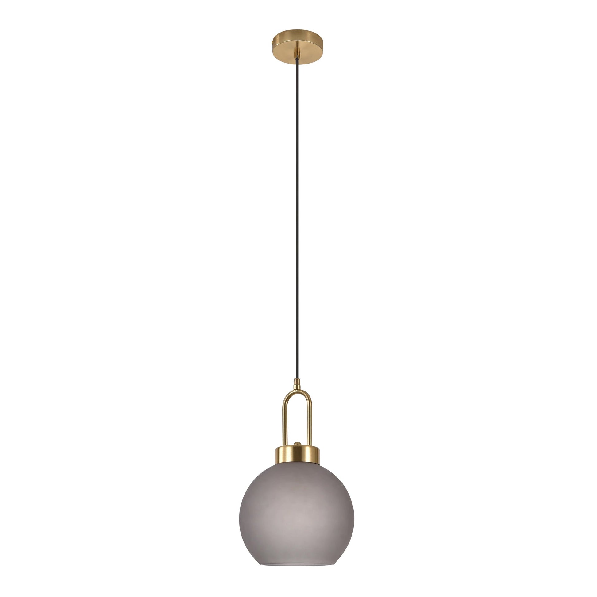 Elegant grijze hanglamp met goudkleurige metalen accenten en zwarte kabel tegen witte achtergrond.