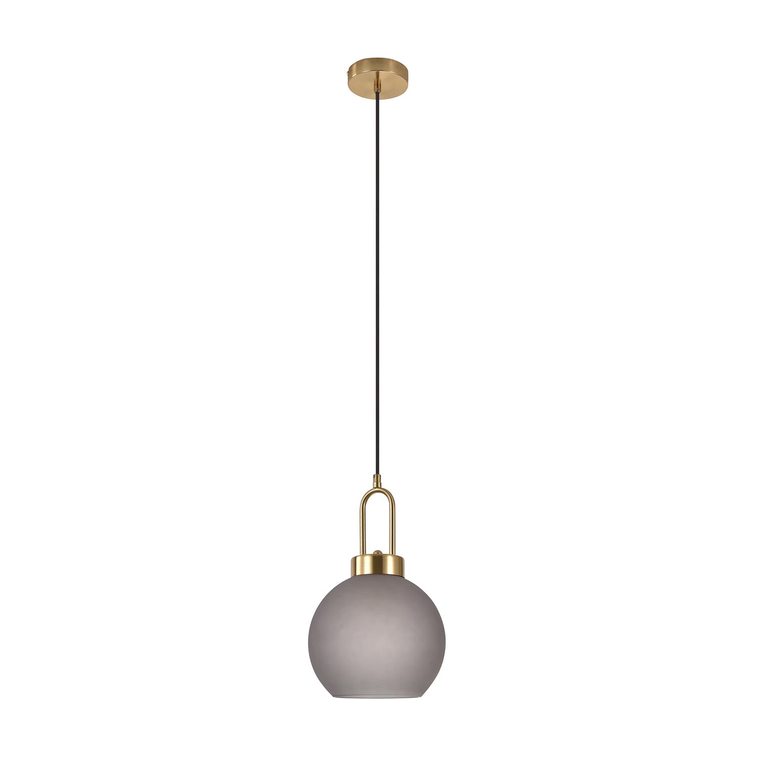 Elegante hanglamp met matgrijze bolvormige kap en gouden accenten, opgehangen aan een dunne zwarte kabel.