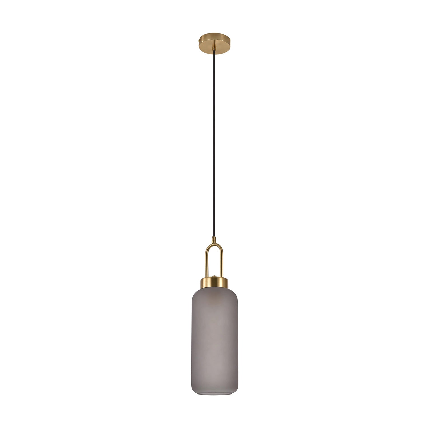 Matglazen hanglamp met goudkleurige details en een zwarte kabel tegen een witte achtergrond.