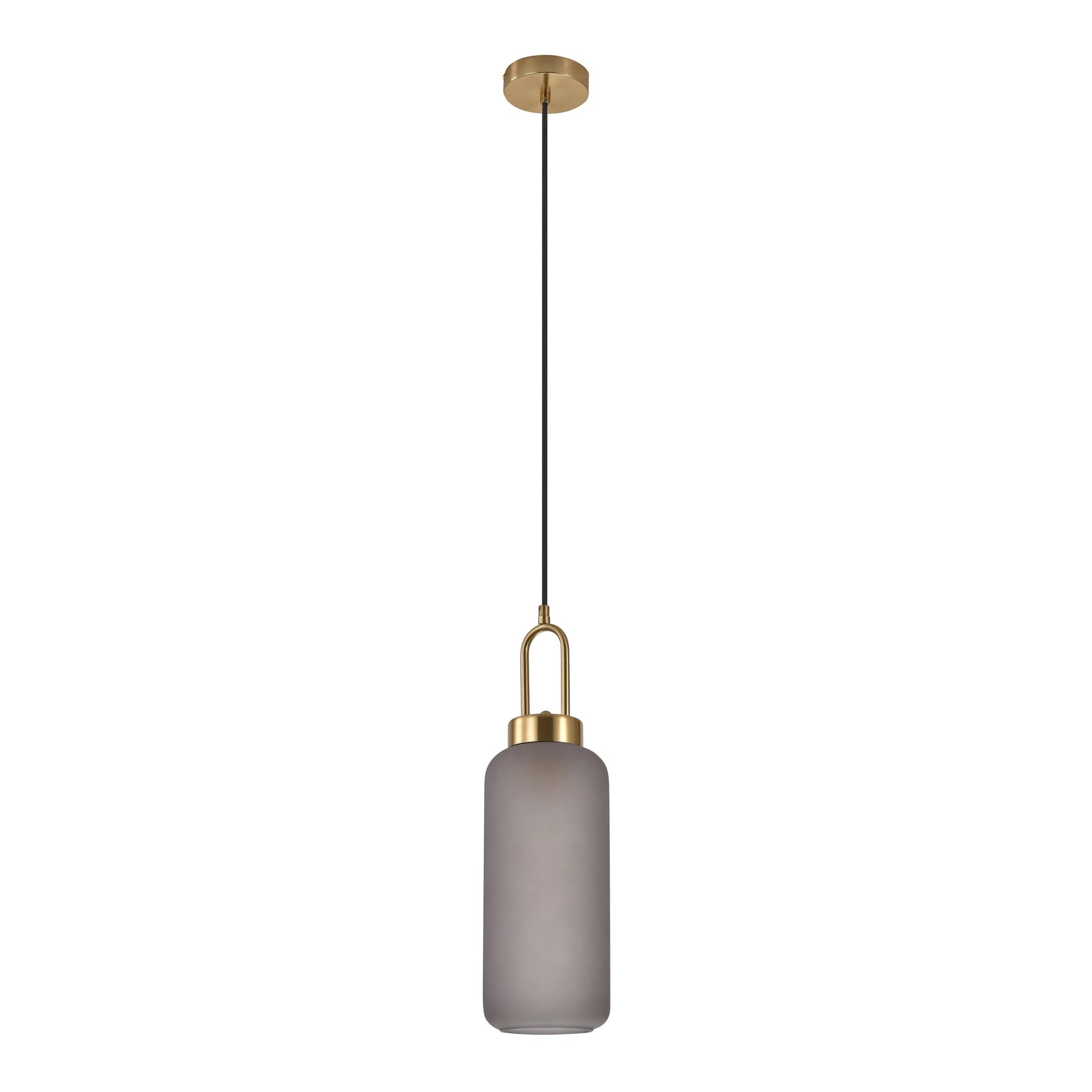 Elegante hanglamp met mat gouden armatuur en cilindrische grijze glazen kap, minimalistisch ontwerp.