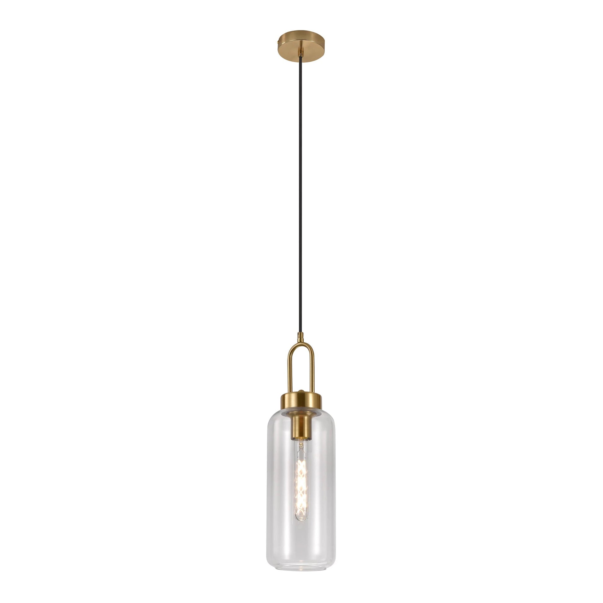 Stijlvolle hanglamp met gouden fitting en transparante glazen kap, minimalistisch ontwerp met zwarte kabel.