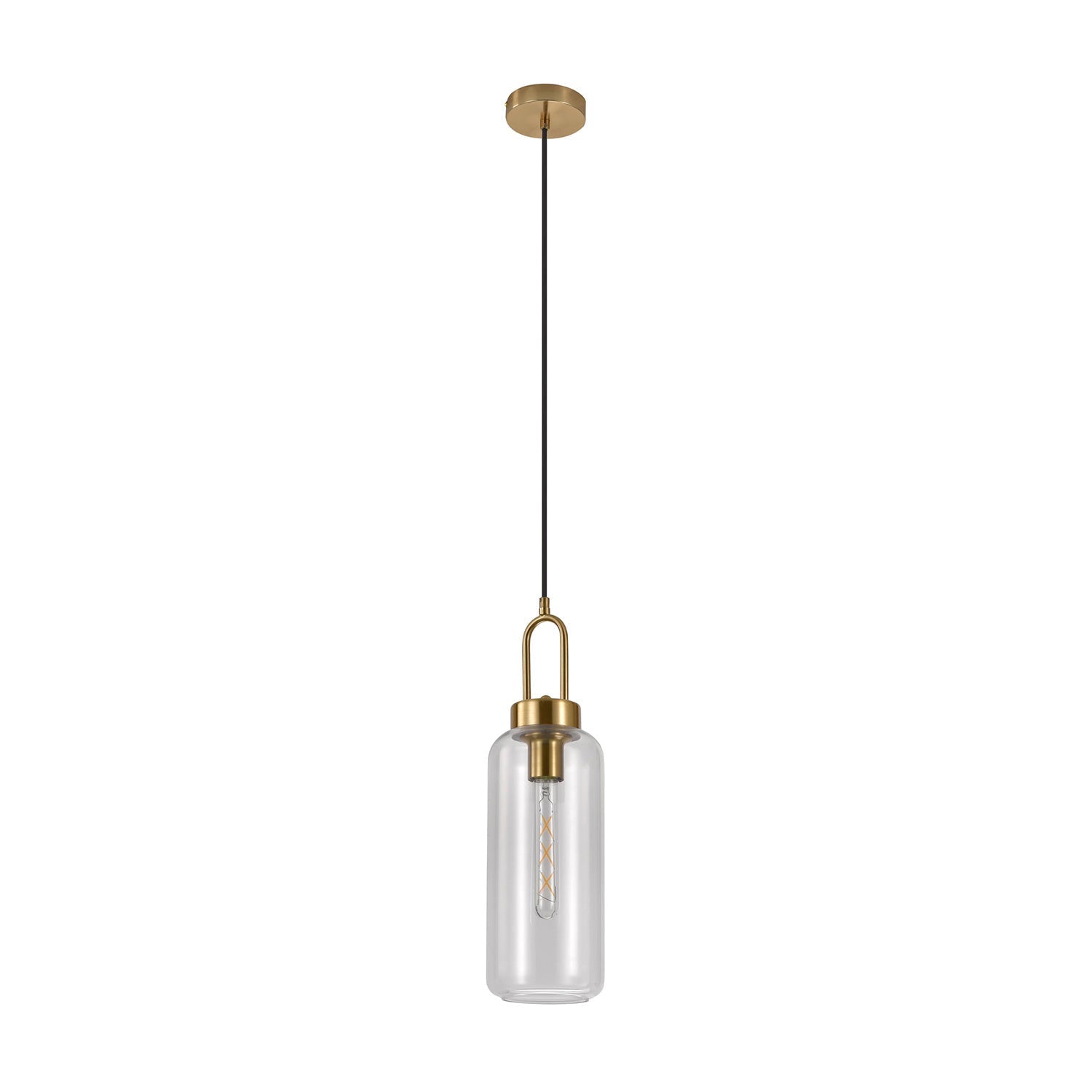 Transparante hanglamp met gouden details en een heldere, glazen cilindervorm, hangend aan een zwarte kabel.
