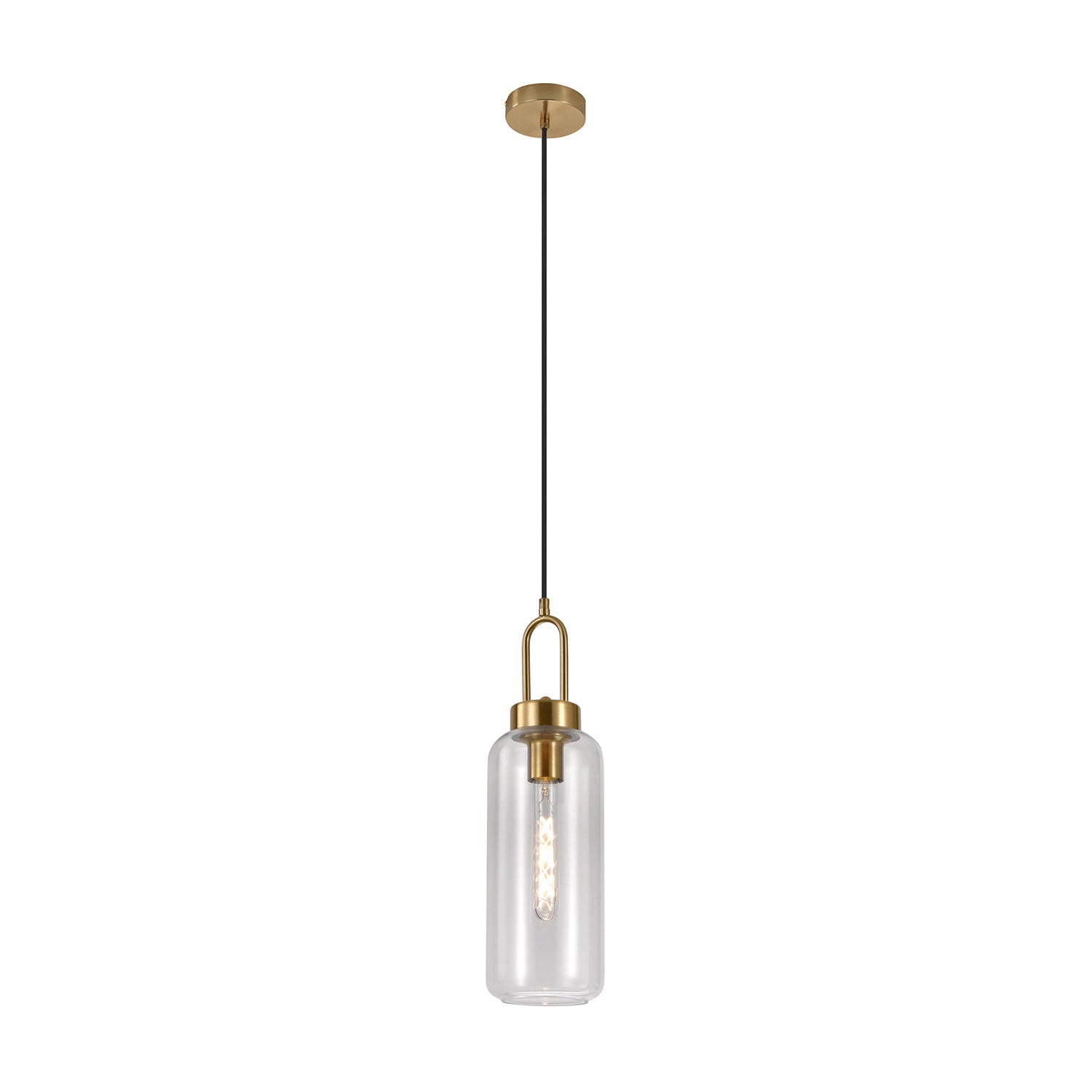 Moderne glazen hanglamp met gouden details en een slanke lichtbuis, hangend aan een dunne zwarte kabel.