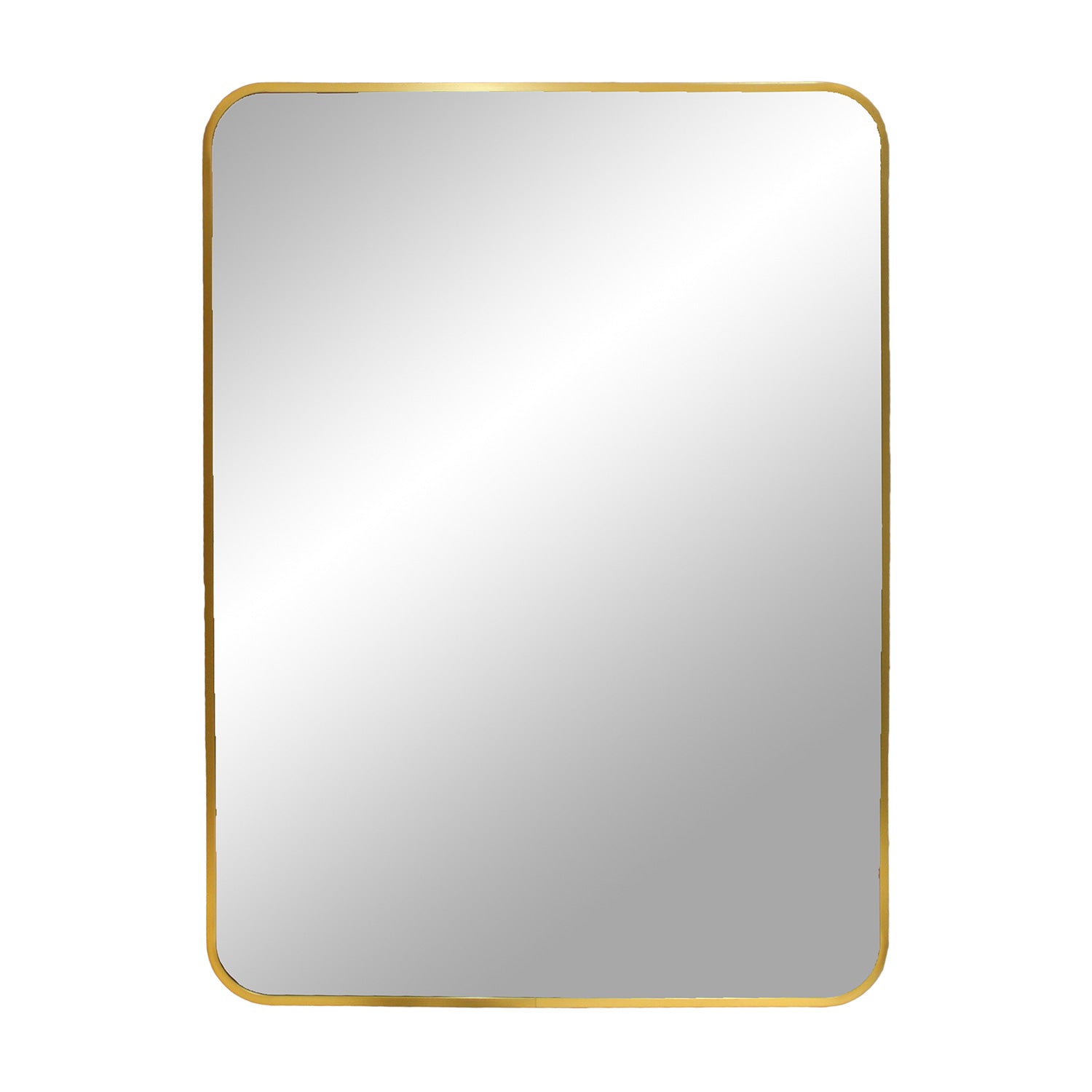 Rechthoekige spiegel met gouden rand en afgeronde hoeken, minimalistisch en elegant ontwerp.