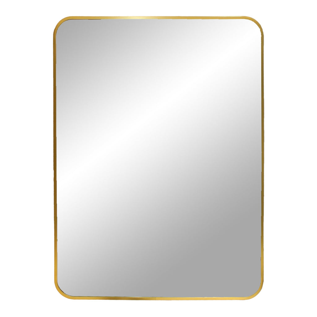 Rechthoekige spiegel met slanke, gouden omlijsting en afgeronde hoeken, met een elegante, moderne uitstraling.