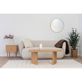 Topview van het naturel MDF-blad van de Melo salontafel van House Nordic, toont houtnerfpatroon en zacht afgeronde rand