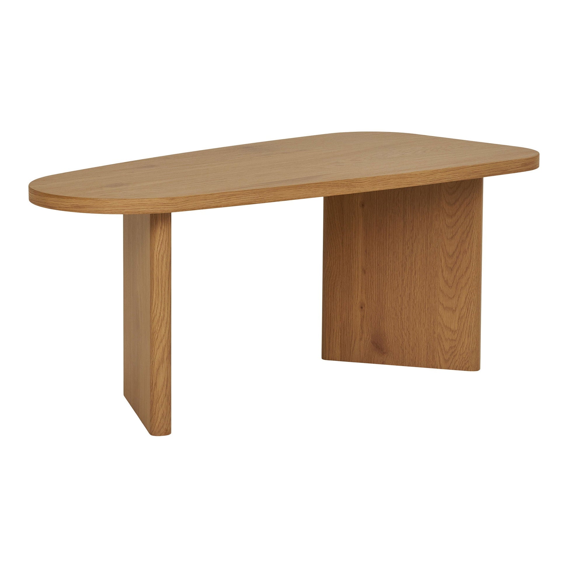 Zijaanzicht van de Melo salontafel in naturel MDF-houtlook van House Nordic, met afgeronde vormen en strakke constructie