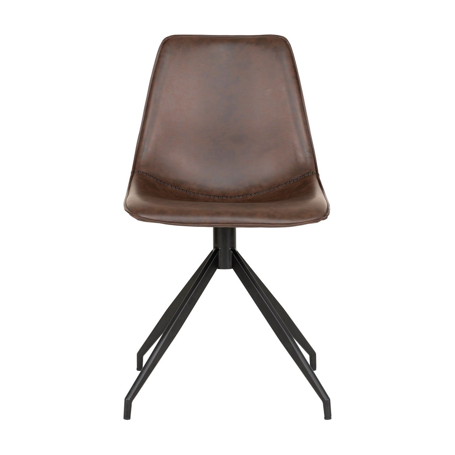 Bruine, leren stoel met moderne metalen poten in zwart, minimalistisch ontwerp en industriële uitstraling.