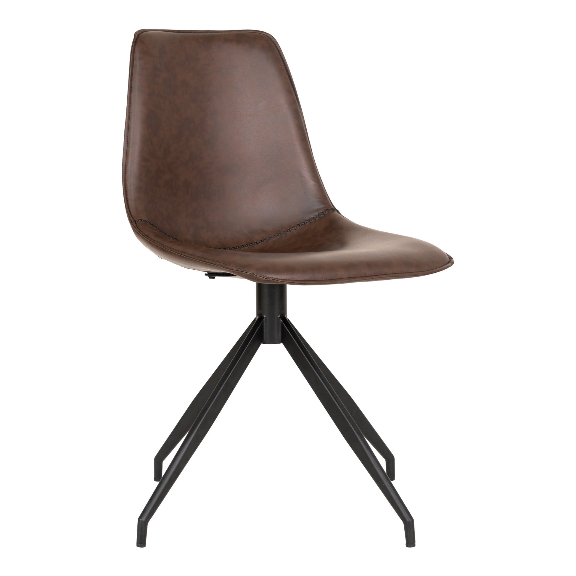 Moderne bruine leren stoel met zwart metalen onderstel en minimalistisch design, geschikt voor kantoor- of eetruimtes.