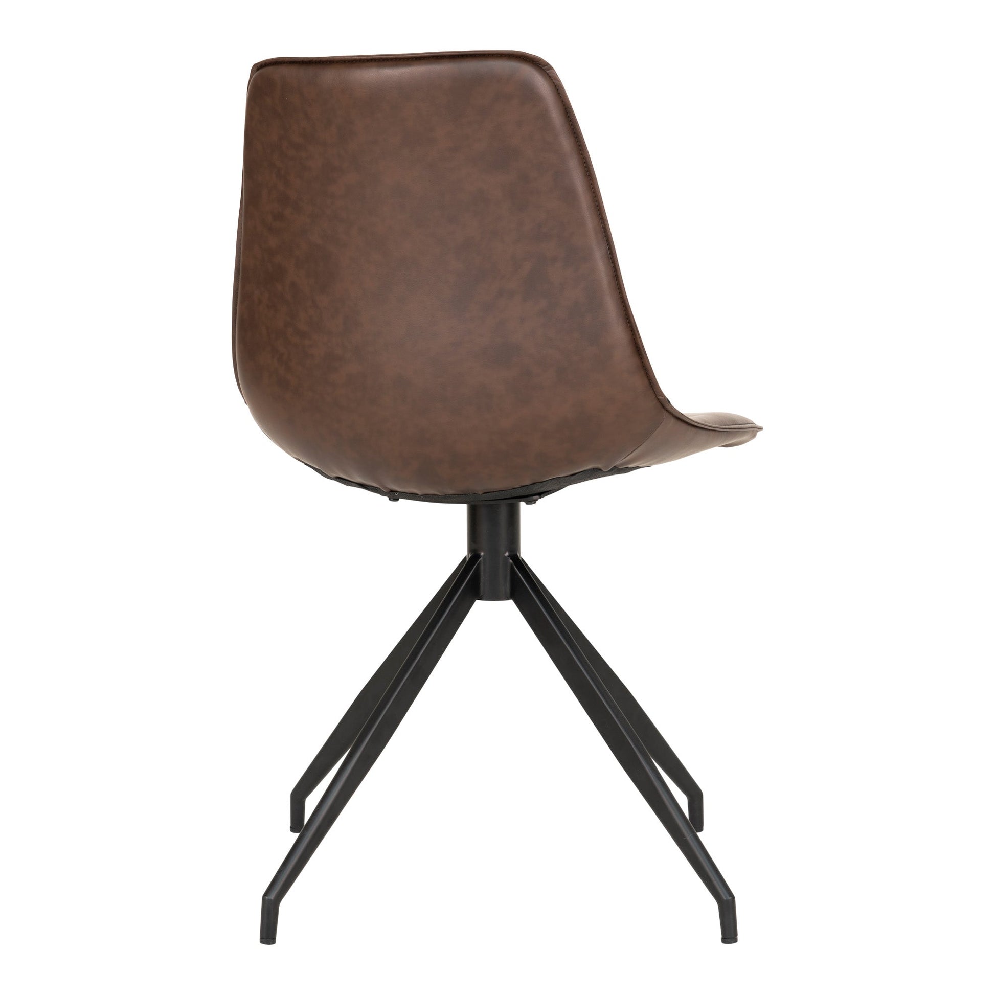 Bruine leren stoel met een modern, zwart metalen frame, minimalistisch en stijlvol vanuit achteraanzicht.