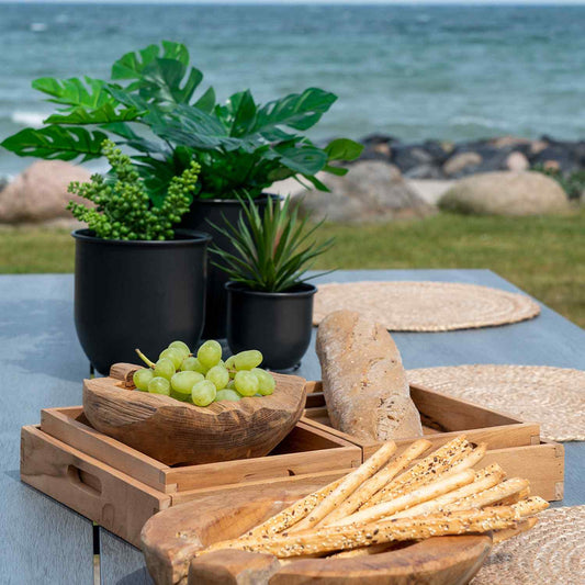Houten tafel met kom vol druiven, stokbrood, en grissini. Achtergrond van planten en de zee.