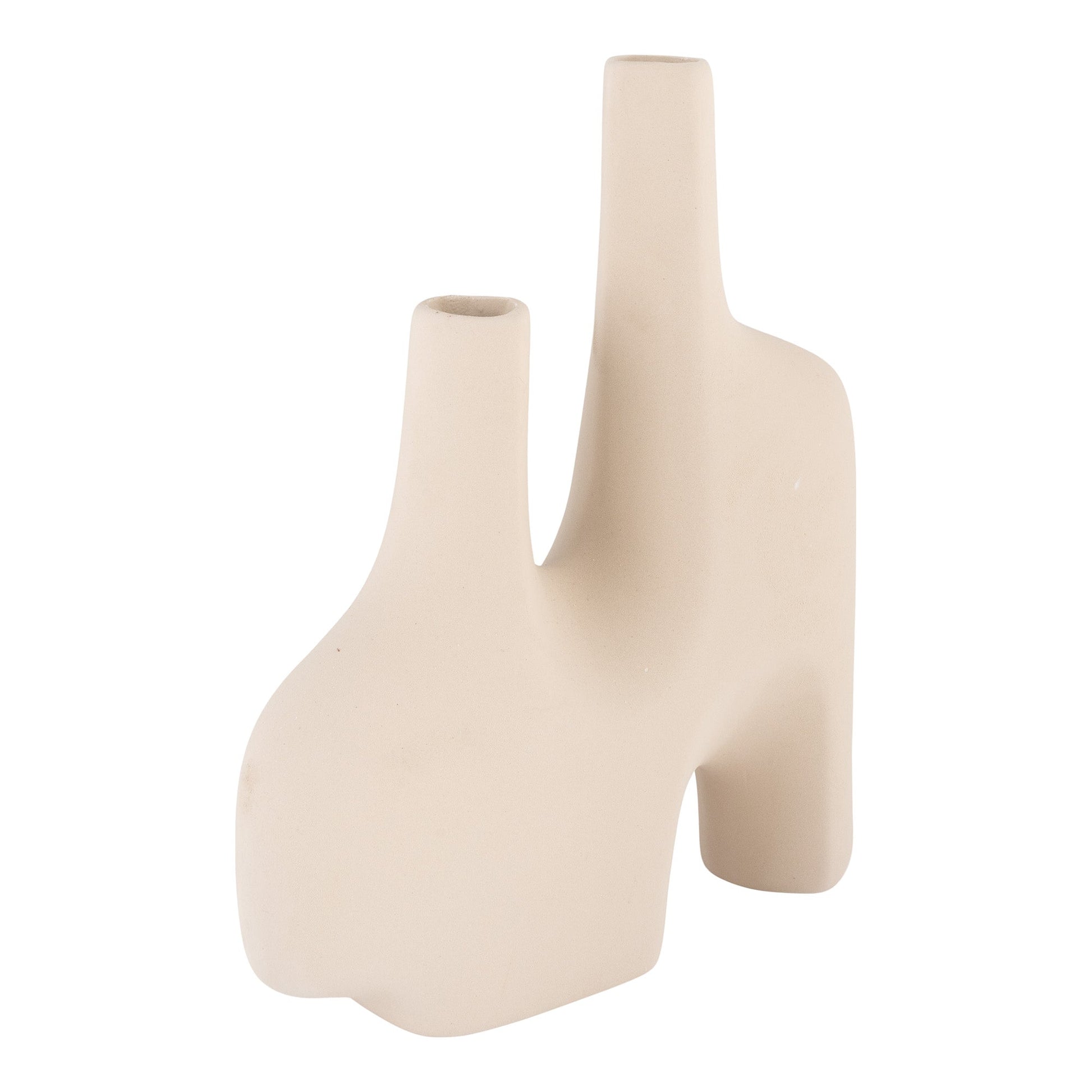 Minimalistische beige vaas met sculpturale, organische vormen en twee smalle openingen aan de bovenkant.