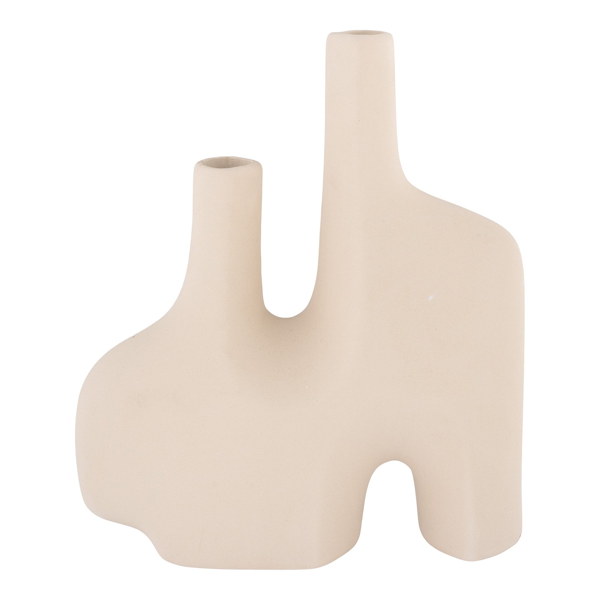 Beige sculpturale vaas met twee openingen en organische vorm, minimalistisch en eigentijds design.