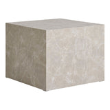 Vlakke bovenkant van de grotere tafel van the House Nordic Prague salontafel set, strakke vierkante vorm met warme beige marmerprint