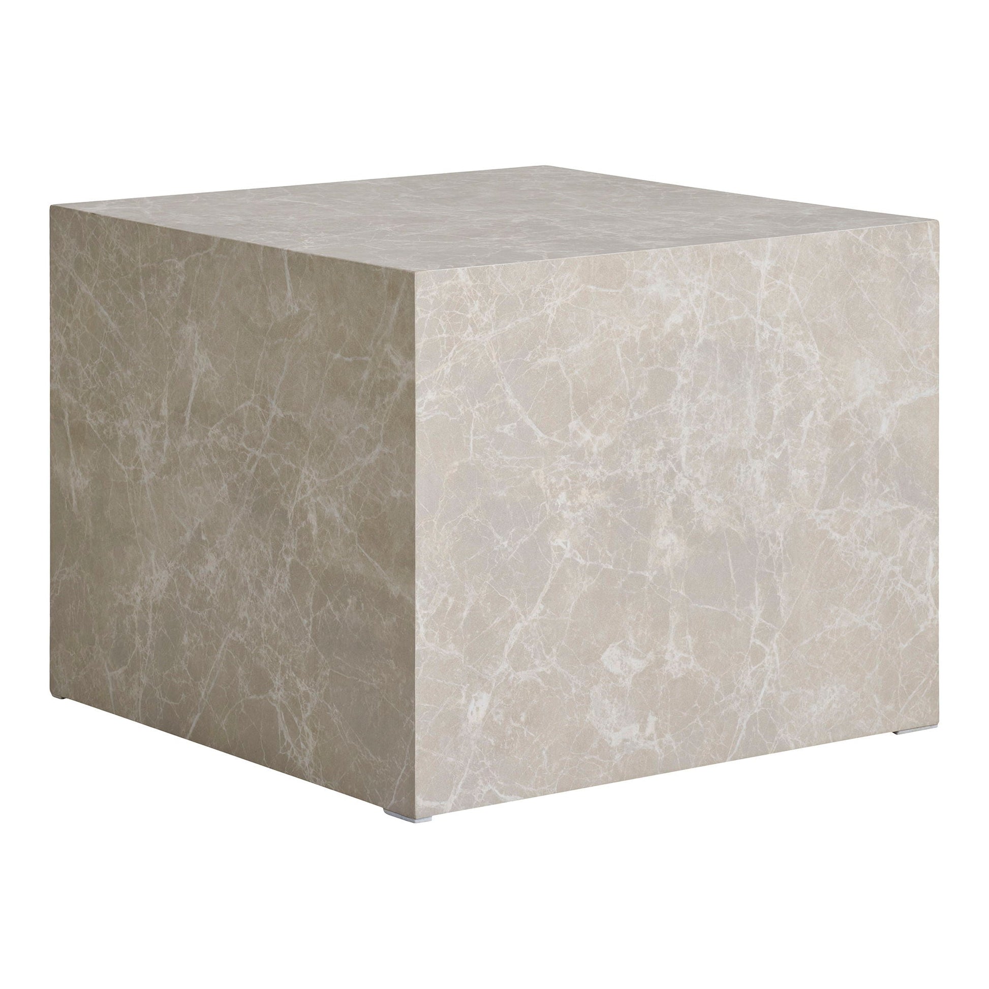 Vlakke bovenkant van de grotere tafel van the House Nordic Prague salontafel set, strakke vierkante vorm met warme beige marmerprint