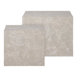 Bovenaanzicht van de House Nordic Prague salontafel set met twee verschillende hoogtes en warme beige marmerprint diepteaccent