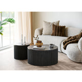 Twee House Nordic Rota bijzettafels met marmerlook bladen en donkerbruine geribbelde MDF bases in woonkamer