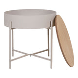 Sisco bijzettafel van House Nordic met openschuifbaar rond Ø40 cm blad, toont opbergruimte onder naturel MDF top en lichtbeige frame
