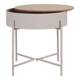 Sisco bijzettafel van House Nordic in driekwart perspectief met ronde naturel MDF top en lichtbeige stalen poten met kruisverbinding