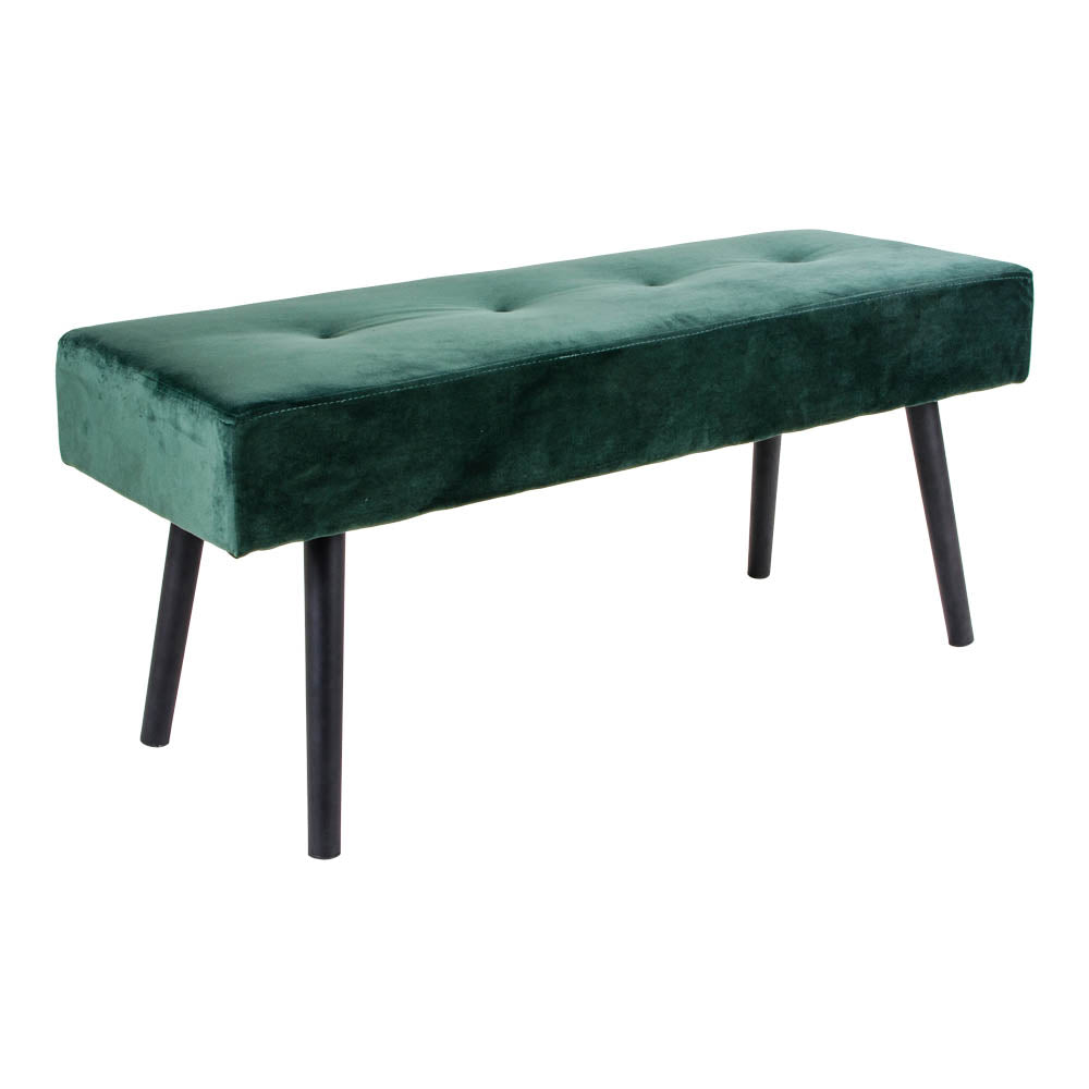 Groene fluwelen bank met zwarte, slanke poten en subtiele knopen voor een stijlvolle uitstraling.